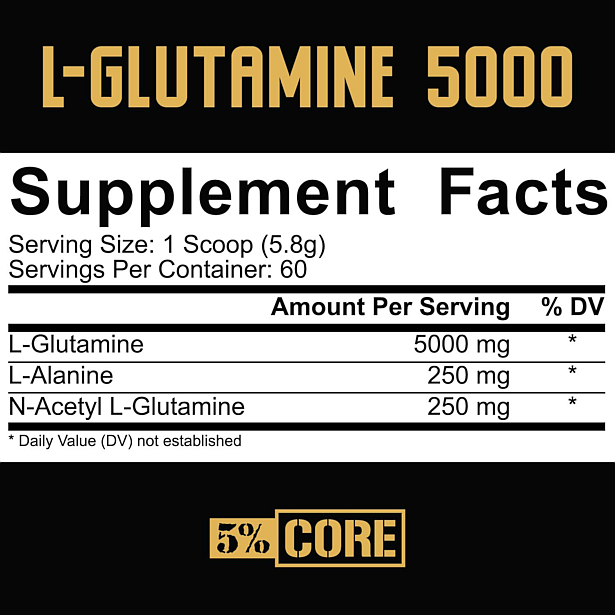 Supplement facts for L-Glutamine 5000 featuring servings per container, scoop size, and ingredients with their respective quantities.