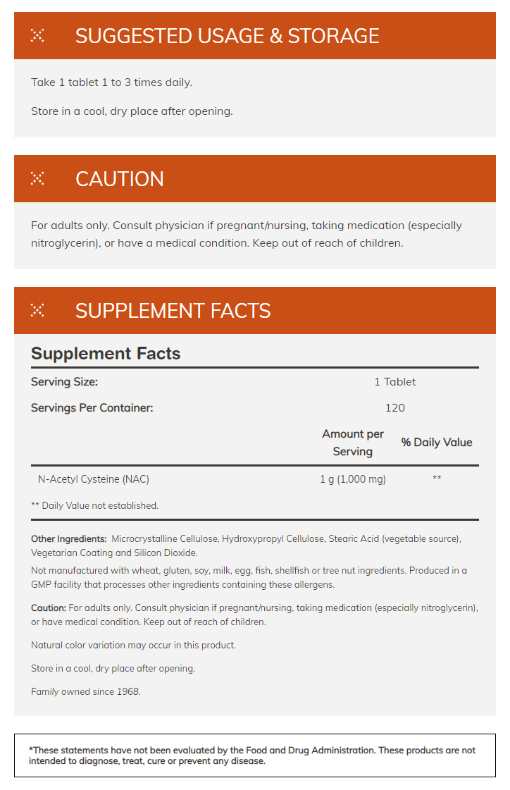 Supplement facts & usage caution for a 1g N-Acetyl Cysteine (NAC) tablet, all-natural, allergen-free, GMP certified, for adults only.