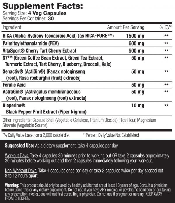 Supplement facts of a dietary supplement, including ingredients like HICA and cherry extract. Contains directions for use and warnings.