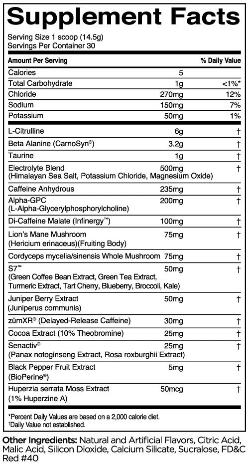 Supplement facts detailing ingredients, their quantities, and percentage of daily values per scoop. Includes natural and artificial flavors.