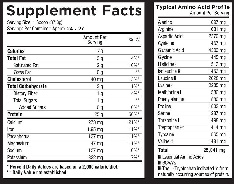 Supplement facts label for a powdered product, includes serving size, calories, fat, cholesterol, carbs, protein, vitamins, and amino acid profile.
