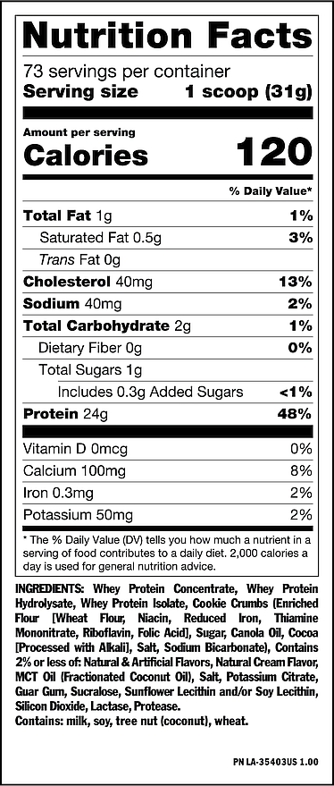 Nutrition facts for a serving of whey protein: 120 calories, 24g protein, 1g fat, 2g carbohydrates, 50mg potassium, and contains milk, soy, tree nuts, and wheat.