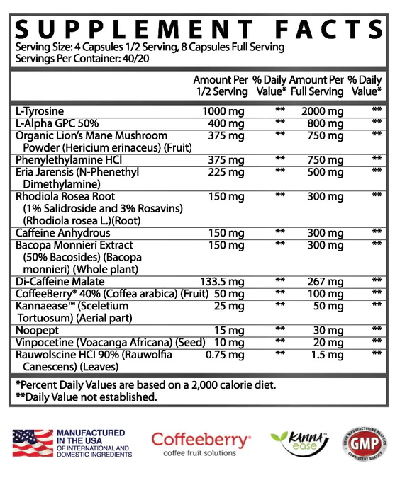 Supplement facts detailing servings, ingredients & their milligram amounts for 1/2 and full servings. Ingredients include L-Tyrosine, caffeine, etc.