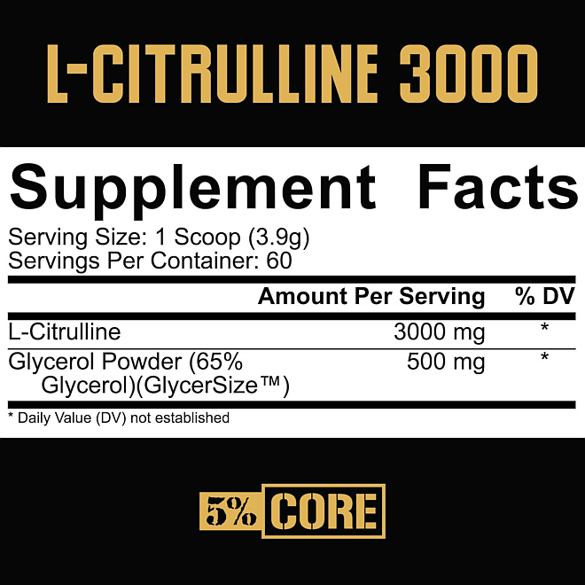 Supplement facts for L-Citrulline 3000; serving size is one scoop (3.9g) with 60 servings per container.