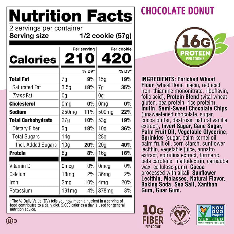 Nutrition label for a chocolate donut cookie with 420 calories and 16g protein per serving. Ingredients include wheat flour, chocolate chips, and pea protein. It's vegan and non-GMO.
