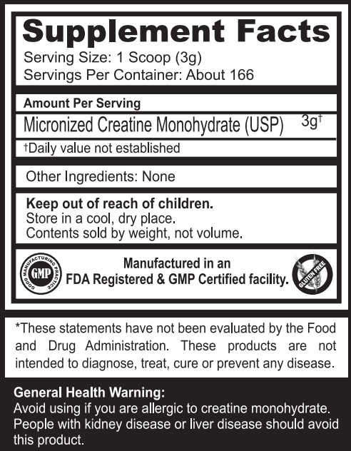 Supplement facts for micronized creatine monohydrate, with a 3g serving size. Made in a GMP-certified facility, gluten-free.