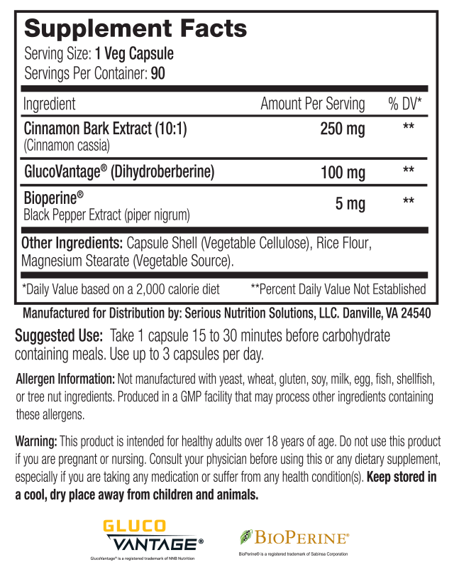 Supplement facts label for Veg Capsule with Cinnamon Bark Extract, GlucoVantage, and Bioperine. Includes suggested use and allergen information.
