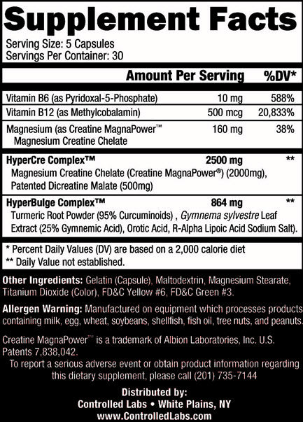 Supplement facts for a dietary product highlighting serving size, ingredients like Vitamin B6, B12, Magnesium, unique complexes, and potential allergens.