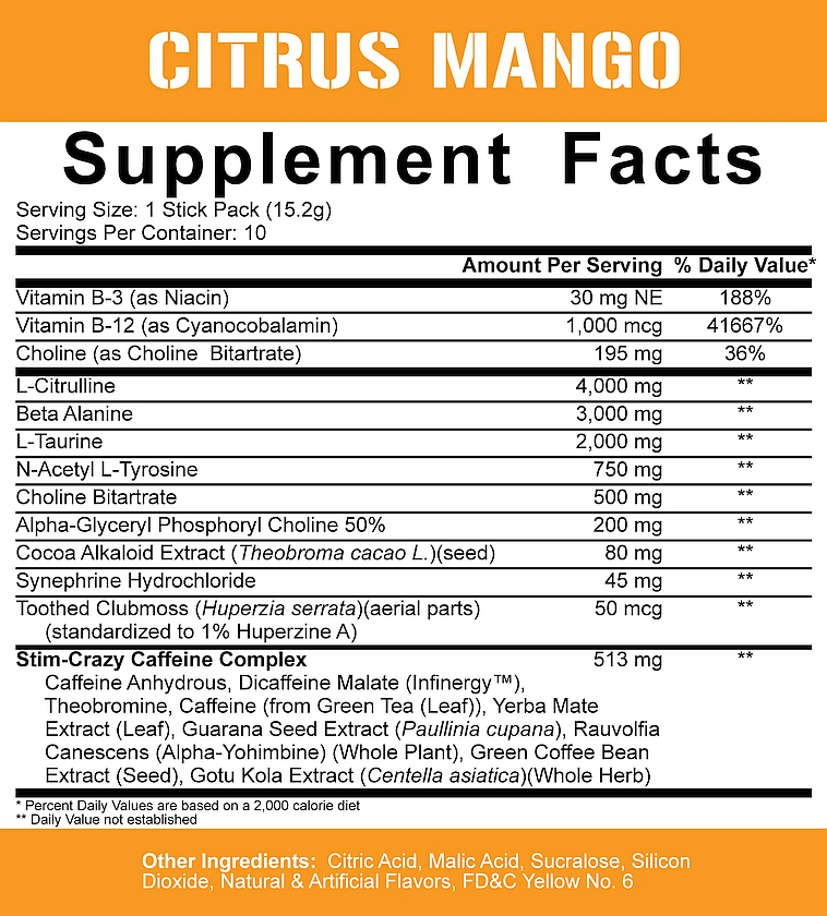 Citrus Mango dietary supplement with vitamins B-3, B-12, Choline, L-Citrulline, Beta Alanine, L-Taurine and more, in a 15.2g stick pack.