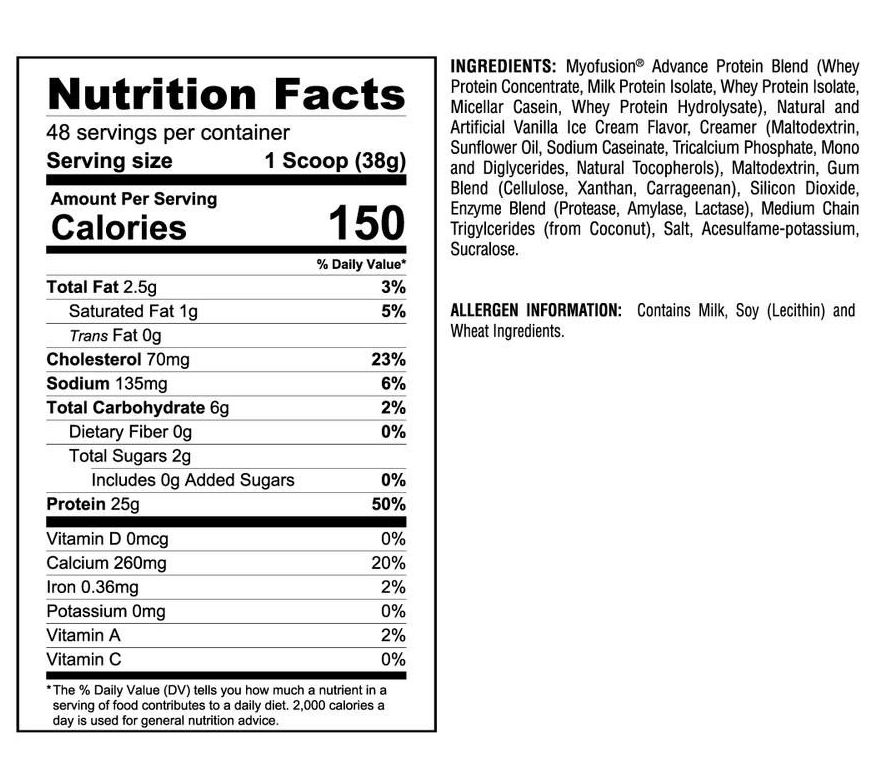 Nutrition facts for a protein blend including 25g of protein and 2.5g of fat per 38g serving. Contains allergens like milk, soy, and wheat.