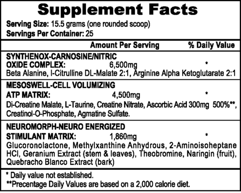 Nutritional label for a supplement showing serving size, ingredients and their amounts per serving, and daily value percentages.