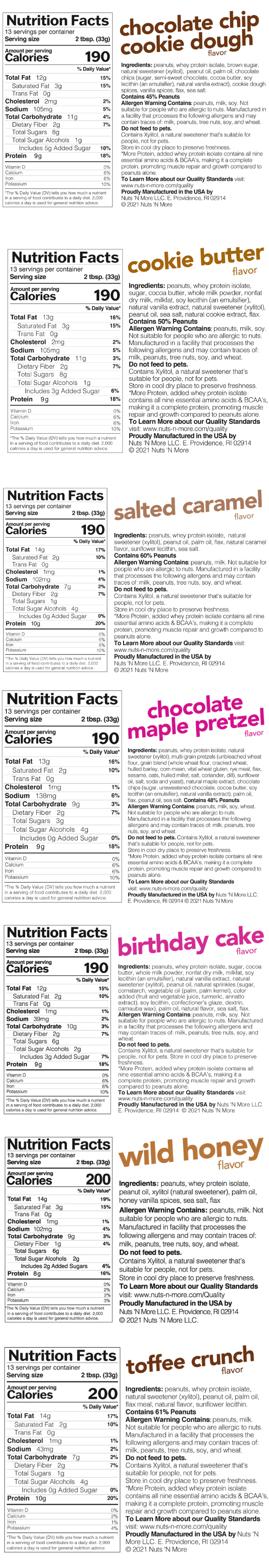Nutrition facts for different flavors of a food product providing information such as serving size, calories, fat, sodium, carbohydrate, protein, vitamins, and allergy warning.