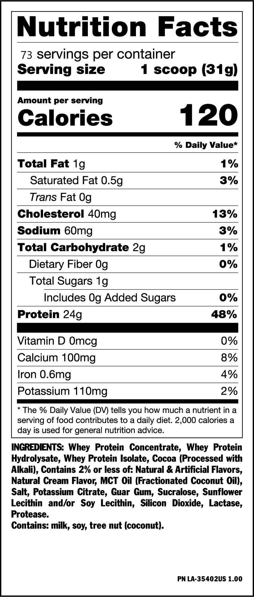 Nutrition label for a whey protein supplement. Each serving (1 scoop, 31g) contains 24g protein, 1g fat, 2g carbs, and key minerals.