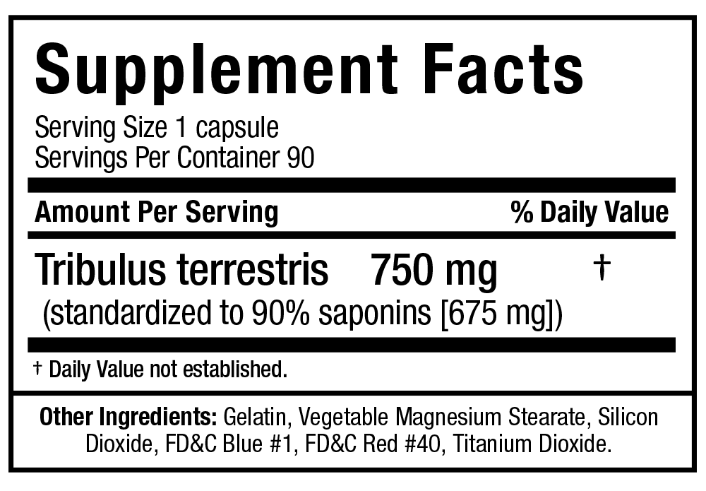 Supplement facts for 1 capsule serving size with 750mg Tribulus terrestris, other ingredients listed.