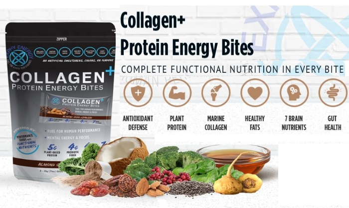 Paleo performance energy bites with functional nutrients, 56 plant-based proteins, collagen, antioxidants, healthy fats, and brain nutrients for gut health.