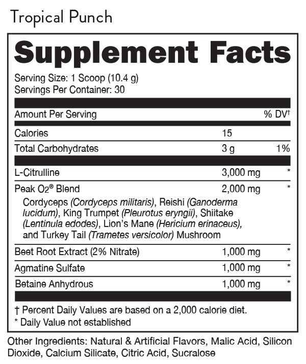 Tropical punch supplement facts showing serving size (10.4g), 15g carbs, 3000mg L-Citrulline, 2000mg mushroom blend, and other ingredients.