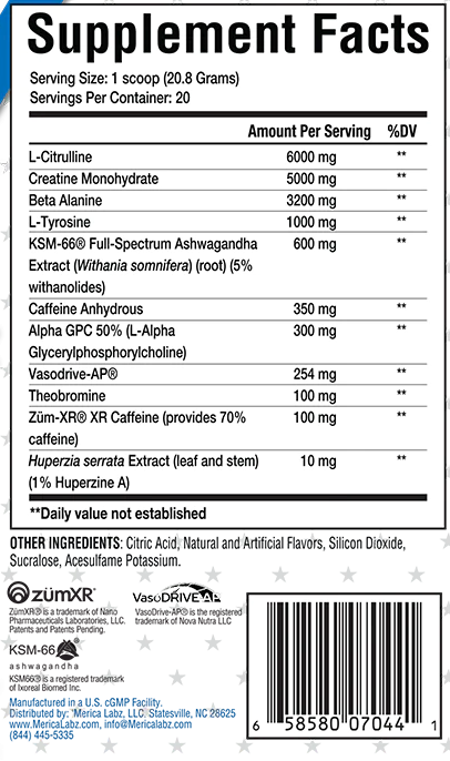 Supplement facts for a product with ingredients like L-Citrulline, Creatine Monohydrate, Beta Alanine, among others, manufactured in a U.S. CGMP Facility.