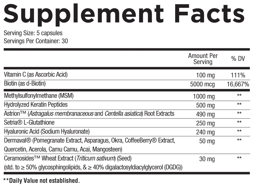 Supplement facts label showing serving size, container servings, and vitamins such as Vitamin C, biotin, MSM, and various extracts.