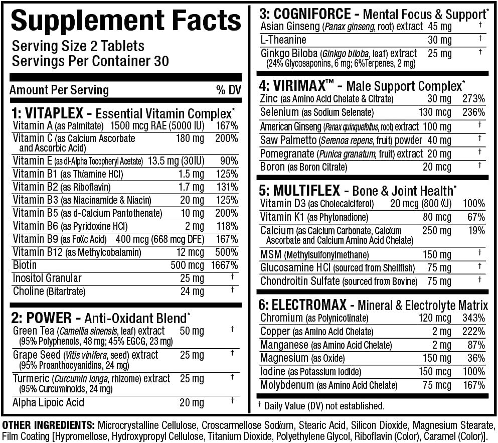 Vitaplex supplement label listing components and dosages, like Vitamin A, C, E, B1-B12, Biotin, and others including mental focus support and minerals.