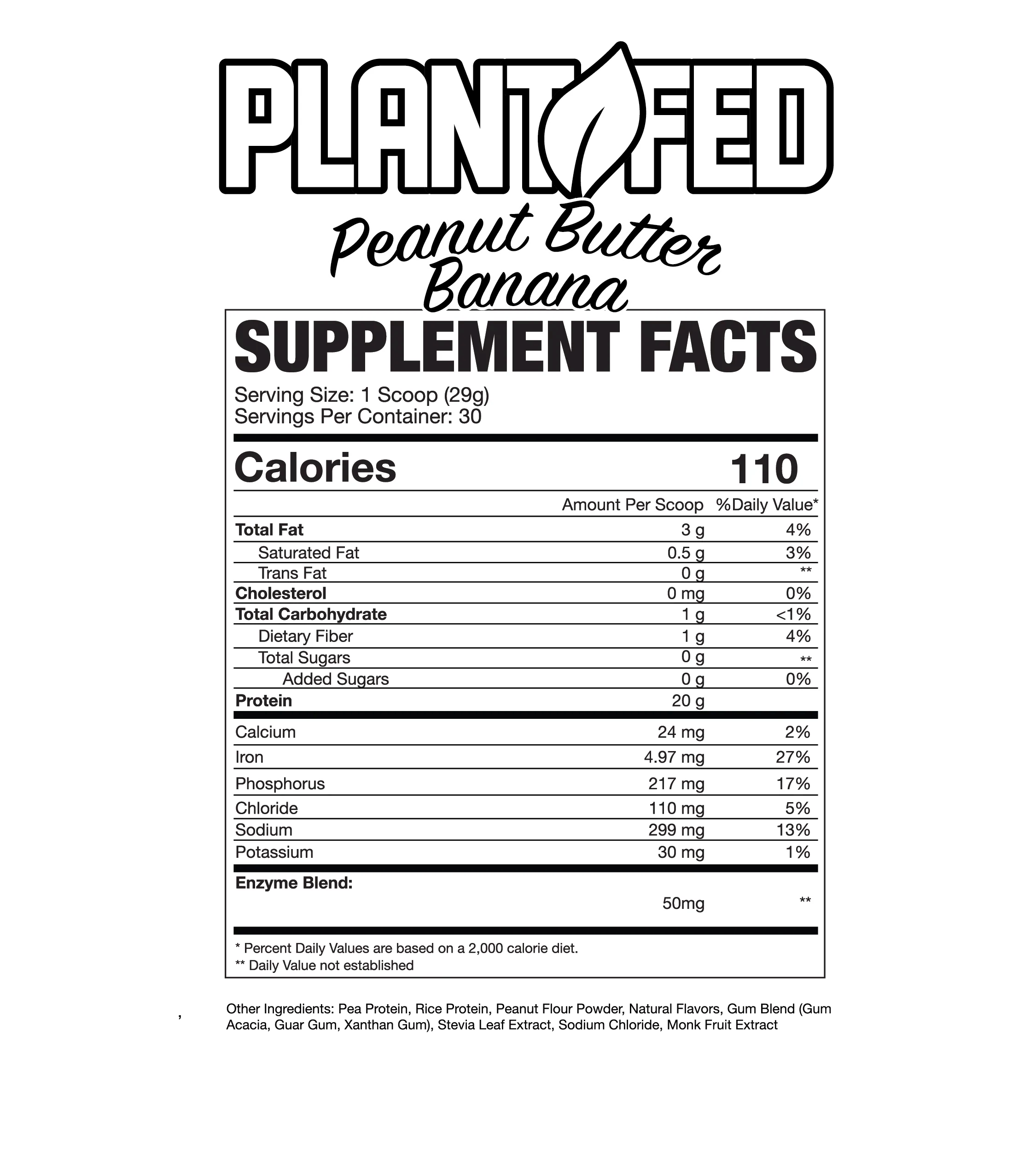 Nutritional label for Plant Fed's Peanut Butter Banana supplement with 30 servings, consisting of various nutrients and proteins.