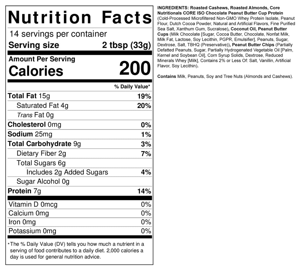 Nutrition facts for a meal replacement product with 200 calories per 14 servings, featuring 15g total fat, 9g carbs, 7g protein, and ingredients like roasted nuts and protein isolate.