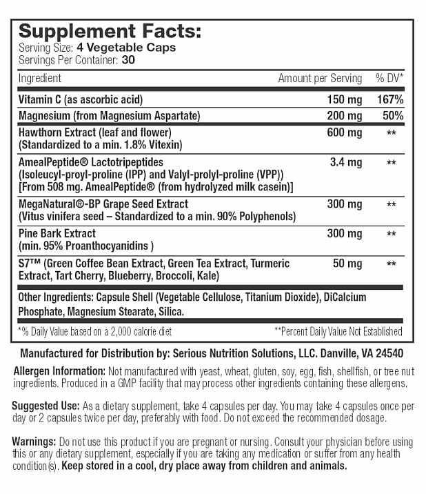Dietary supplement facts, includes Vitamin C, Magnesium, Hawthorn Extract, AmealPeptide, MegaNatural grape seed extract. Produced with no common allergens.
