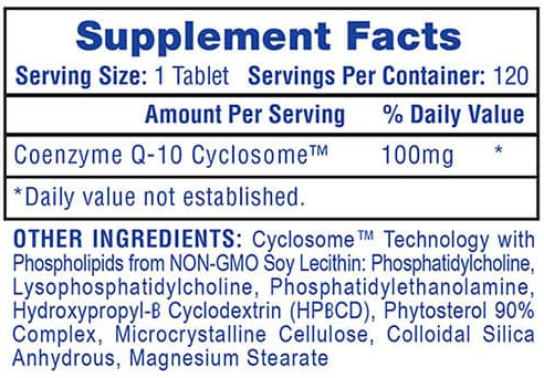 Supplement facts indicating 120 servings of 1 tablet each with 100mg Coenzyme Q-10 Cyclosome and various other ingredients.