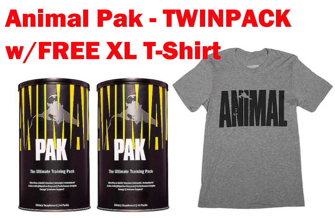 Animal Pak Twin Pack + Free T-Shirt Grey XL - 2 x 44 Pack + XL T Shirt by  Universal Nutrition & Anim