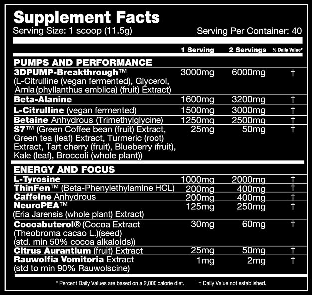 Detailed nutritional information of a fitness supplement including ingredients like L-Citrulline, Glycerol, Beta-Alanine, and Caffeine.