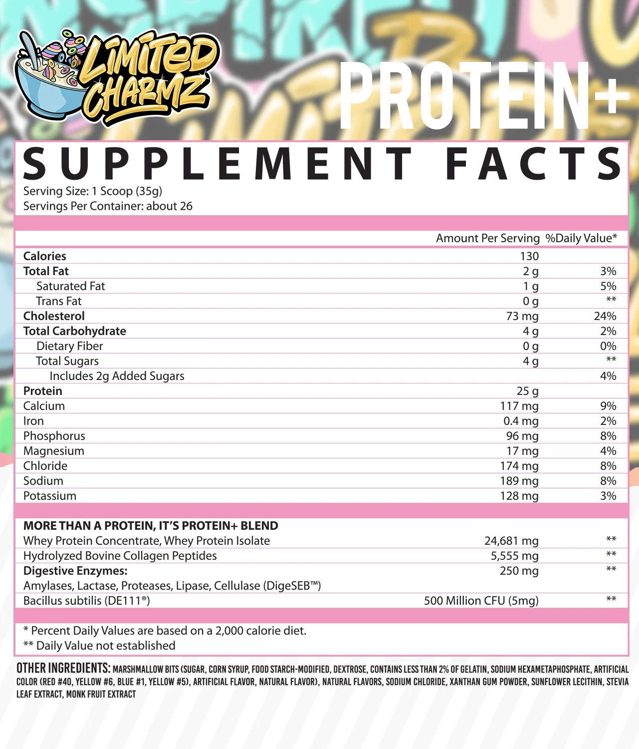 Supplement facts for Limited A Che Protein Charmz: 26 servings of 35g each with key ingredients as Whey Protein and Digestive Enzymes. Contains 130 calories per serving.