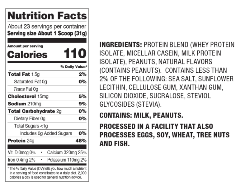 Nutrition facts for protein blend including whey isolate, micellar casein, and milk protein isolate, served per scoop, with allergen info.