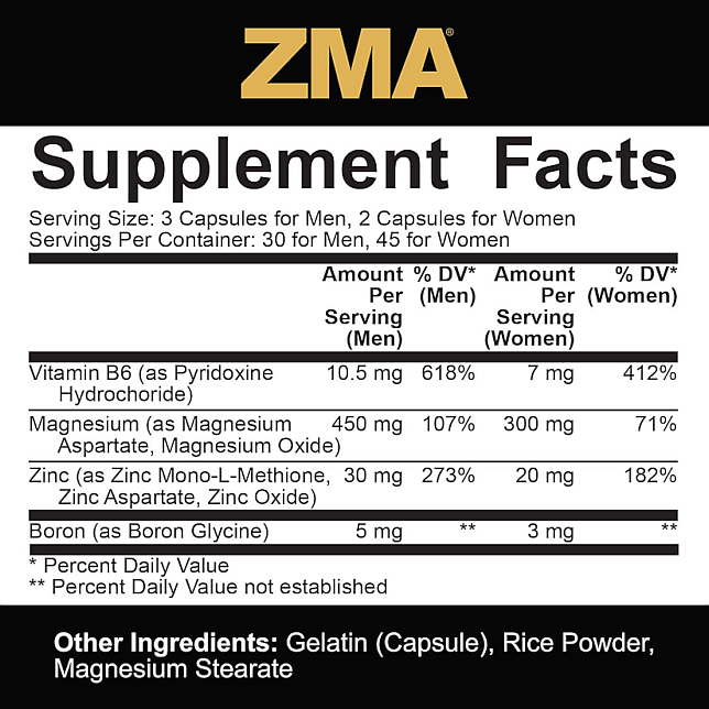ZMA supplement fact sheet shows serving sizes for men and women. Contains Vitamin B6, Zinc, Boron, and Magnesium. Additional ingredients include gelatin, rice powder.