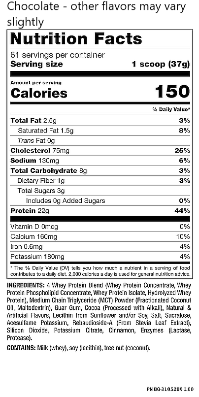 Nutrition label for chocolate-flavored whey protein blend. Contains 150 calories, 22g of protein and 8g of carbs per serving.