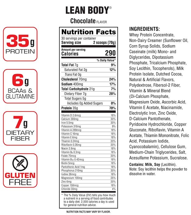 Nutrition label for Cookk Gluten Free Lean Body Chocolate Flavor with 35g protein, 6g BCAAs, 7g fiber, and 30 servings per container.