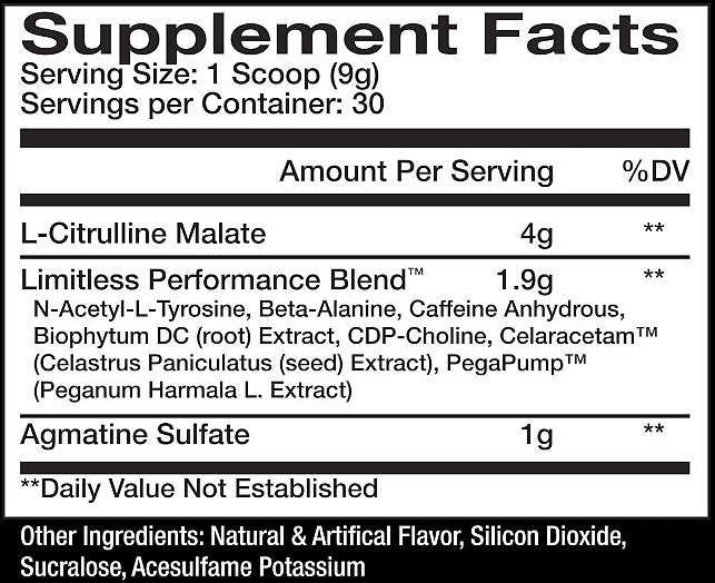 Supplement facts label showing serving size and ingredients including L-Citrulline Malate, N-Acetyl-L-Tyrosine, CDP-Choline and more.