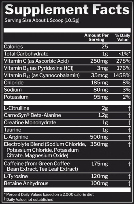 Nutrition label for a supplement showing serving size, calories, vitamins, minerals, and other ingredients, as well as daily values.