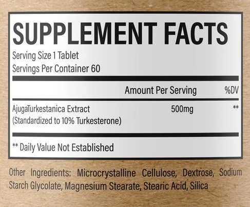 Supplement facts for a tablet with AjugaTurkestanica extract; 60 servings per container, 500mg per serving.