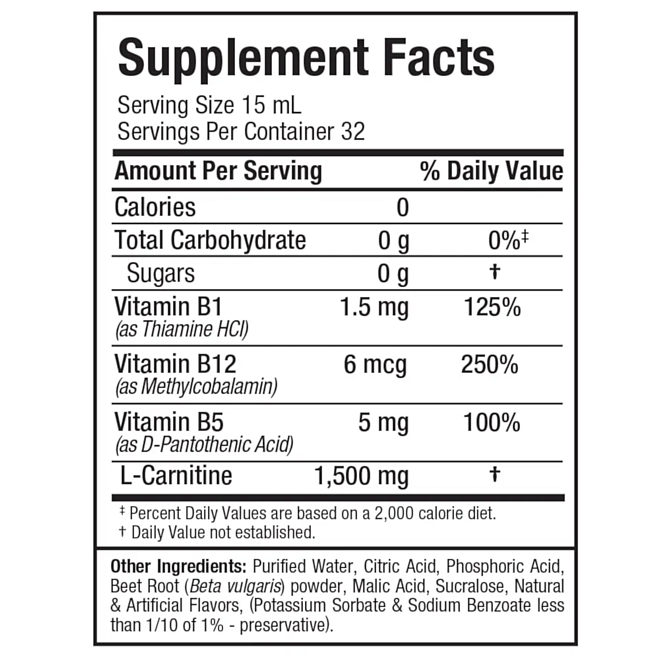 Nutritional label for supplement showing calorie content, vitamin percentages, and ingredient list including purified water, beet root powder, and more.