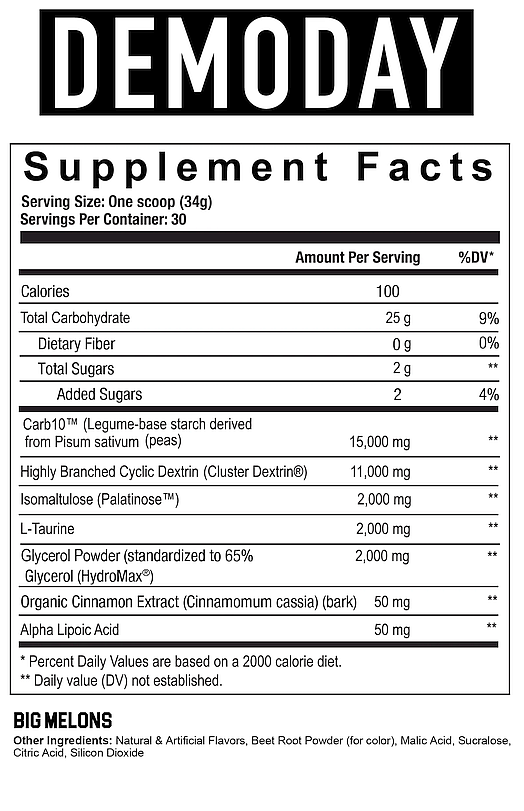 Nutrition label for DEMODAY supplement. A 34g scoop has 100 calories, main active ingredients include pea starch, L-Taurine, Glycerol. Flavored 'Big Melons'.