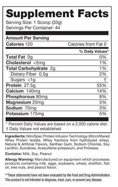 Supplement nutrition facts showing calories, fat, cholesterol, carbohydrates, protein, minerals, and allergen warnings in the ingredients list.