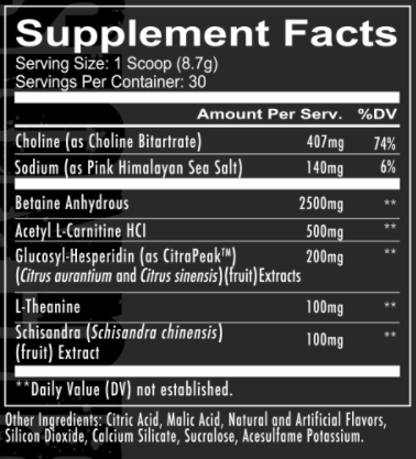 Supplement facts label showing serving size, ingredients, and daily values; includes Choline, Sodium, Citrus extracts, L-Theanine, and more.