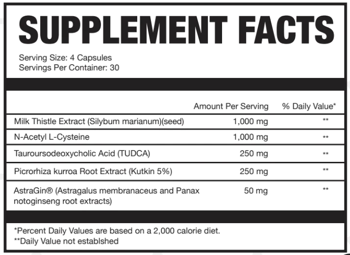 Supplement facts including Milk Thistle Extract and N-Acetyl L-Cysteine per serving among other ingredients.