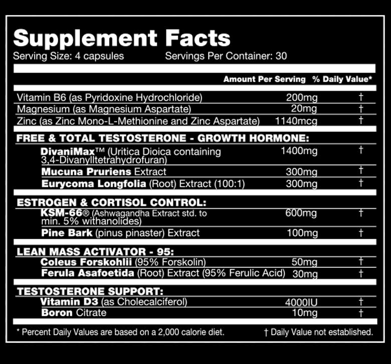 Supplement facts for capsules containing Vitamin B6, Magnesium, Zinc, DivaniMaxTM, Mucuna Pruriens extract, Eurycoma Longfolia, KSM-66®, Pine Bark, Vitamin D3, Boron Citrate, Coleus Forskohlii and Ferula Asafoetida.