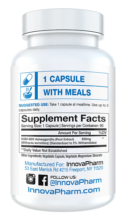 Supplement facts for InnovaPharm's KSM-660 Ashwagandha root extract capsules, 90 servings per container, daily dose advised with meals.
