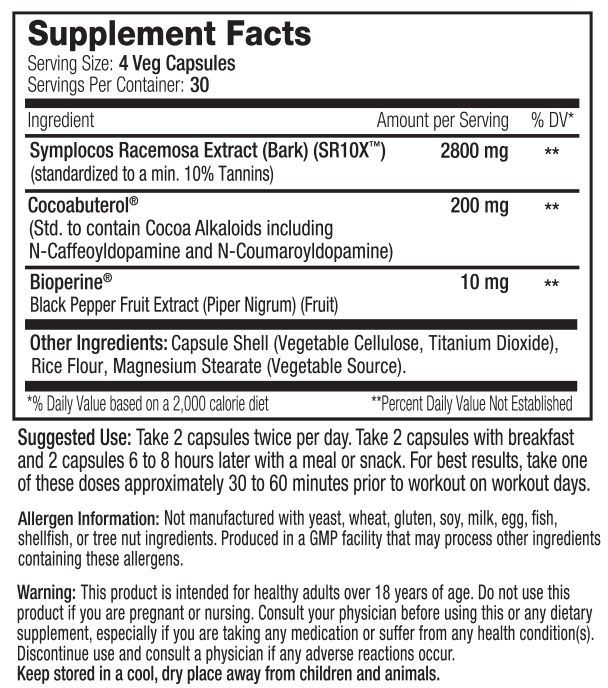 Supplement facts showing serving size, ingredients, and usage instructions for a product with Symplocos Racemosa Extract and Cocoabuterol. Not made with common allergens.