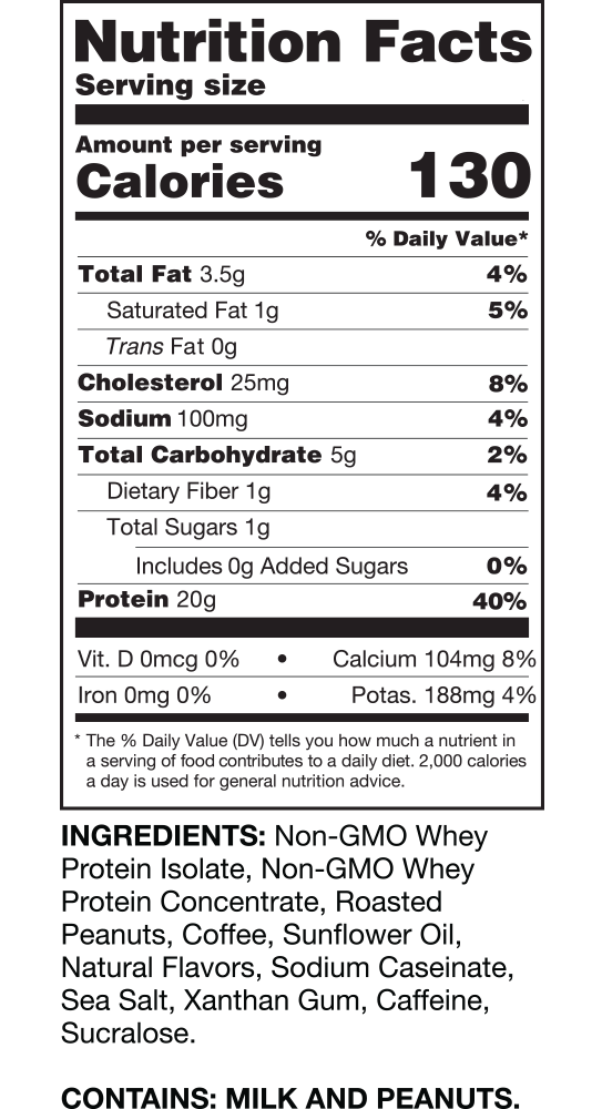 Nutrition facts and ingredients label for a product containing non-GMO whey protein isolate and concentrate, peanuts, coffee, and other components.