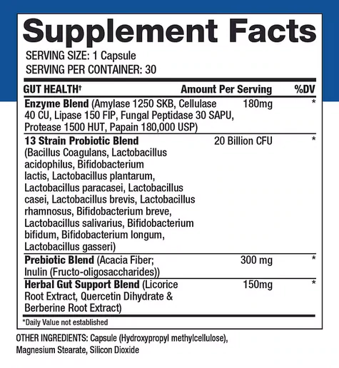 Details of a gut health supplement that includes an enzyme blend, 13 strain probiotic blend, prebiotic blend, herbal gut support blend and 20 billion CFU.
