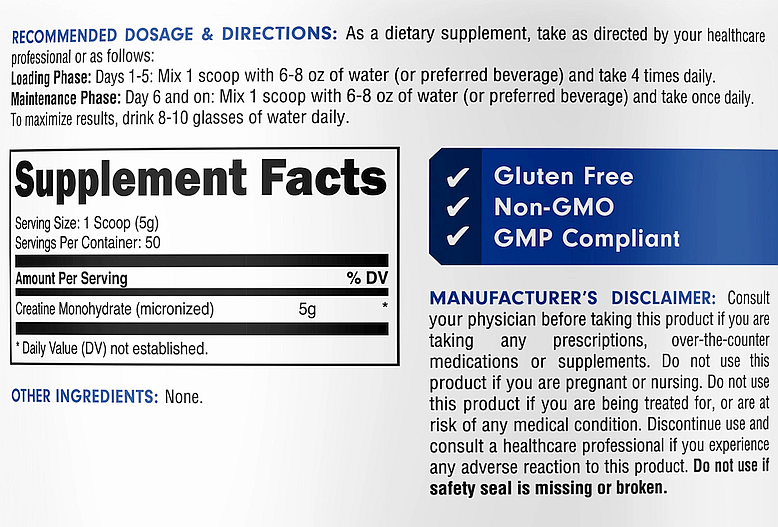 Dietary supplement usage directions and details with dosage, safety warnings, and ingredient (Creatine Monohydrate). Gluten-free, non-GMO.