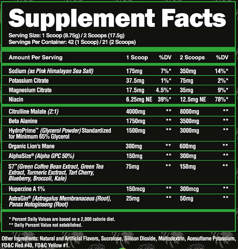 Supplement facts panel displaying serving sizes, daily values of nutrients like Sodium, Potassium Citrate, and others, and ingredient list.