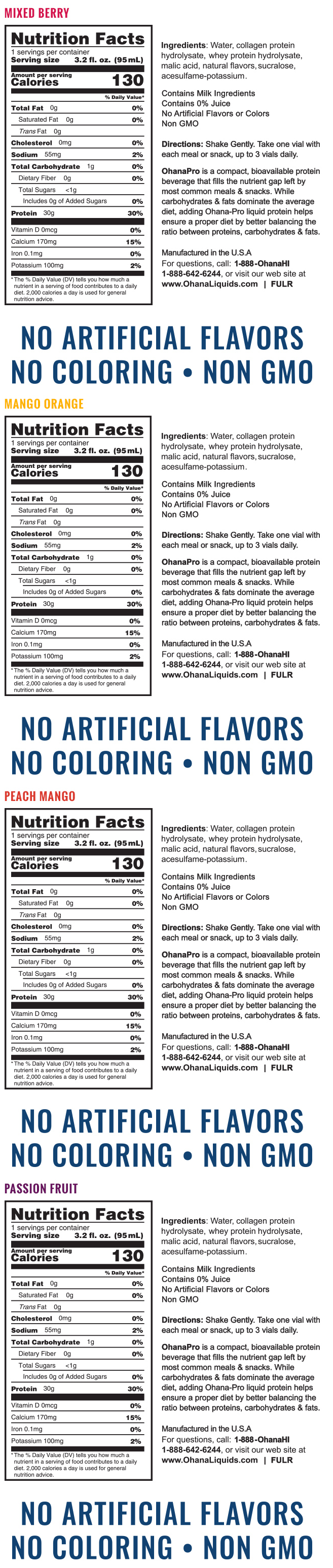 Nutrition label for a mixed berry, mango orange and peach mango serving. Contains 30g protein, no fat, 1g carbs. No artificial flavors or GMOs.